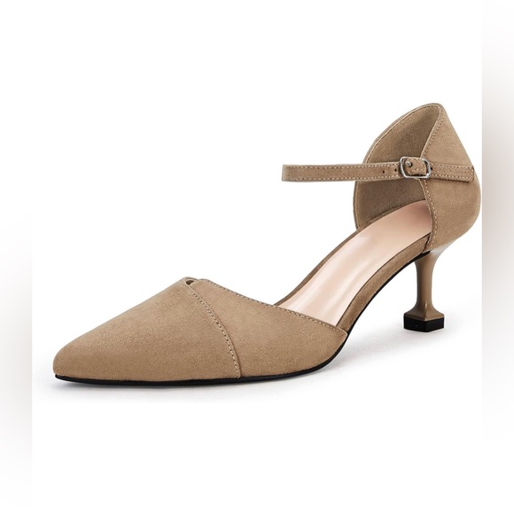 Ownmeen Womens Pointed Toe Pumps Ankle Strap Buckle Closure D'Orsay Flared Heel - Picture 1 of 4